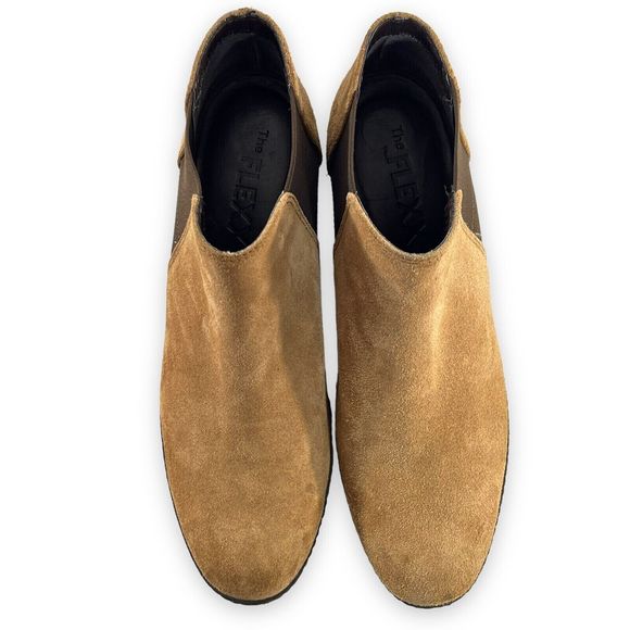 The FLEXX Chelsea Wedge Ankle Boots Size 10 Brown Tan Suede Heel Booties Comfort - Picture 9 of 12